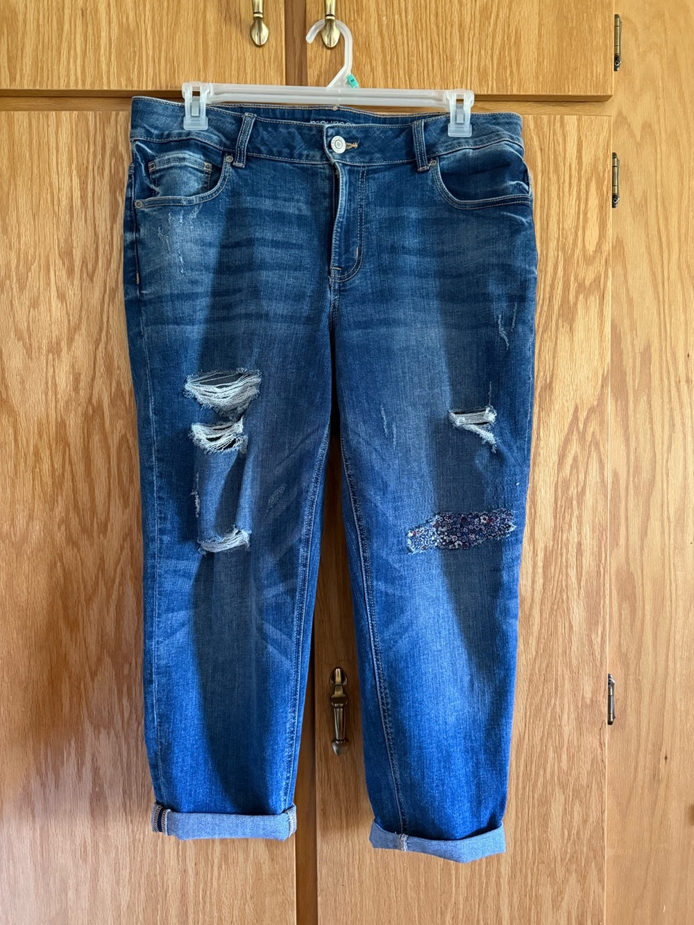 Maurices Mid Rise Distressed Boyfriend Jeans Size 16W Floral Patch Denim